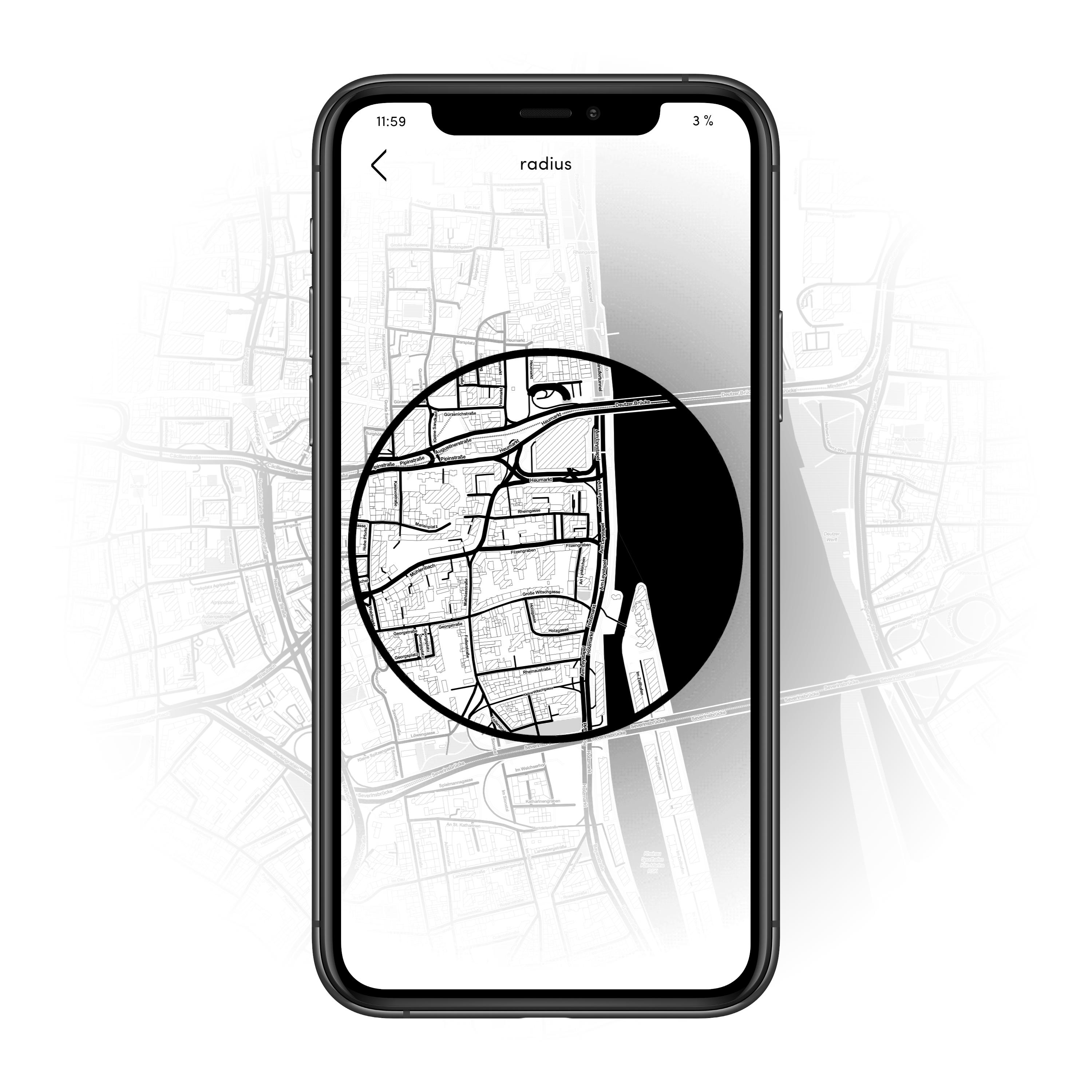 smartphone showing a black and white map with black circle in the middle